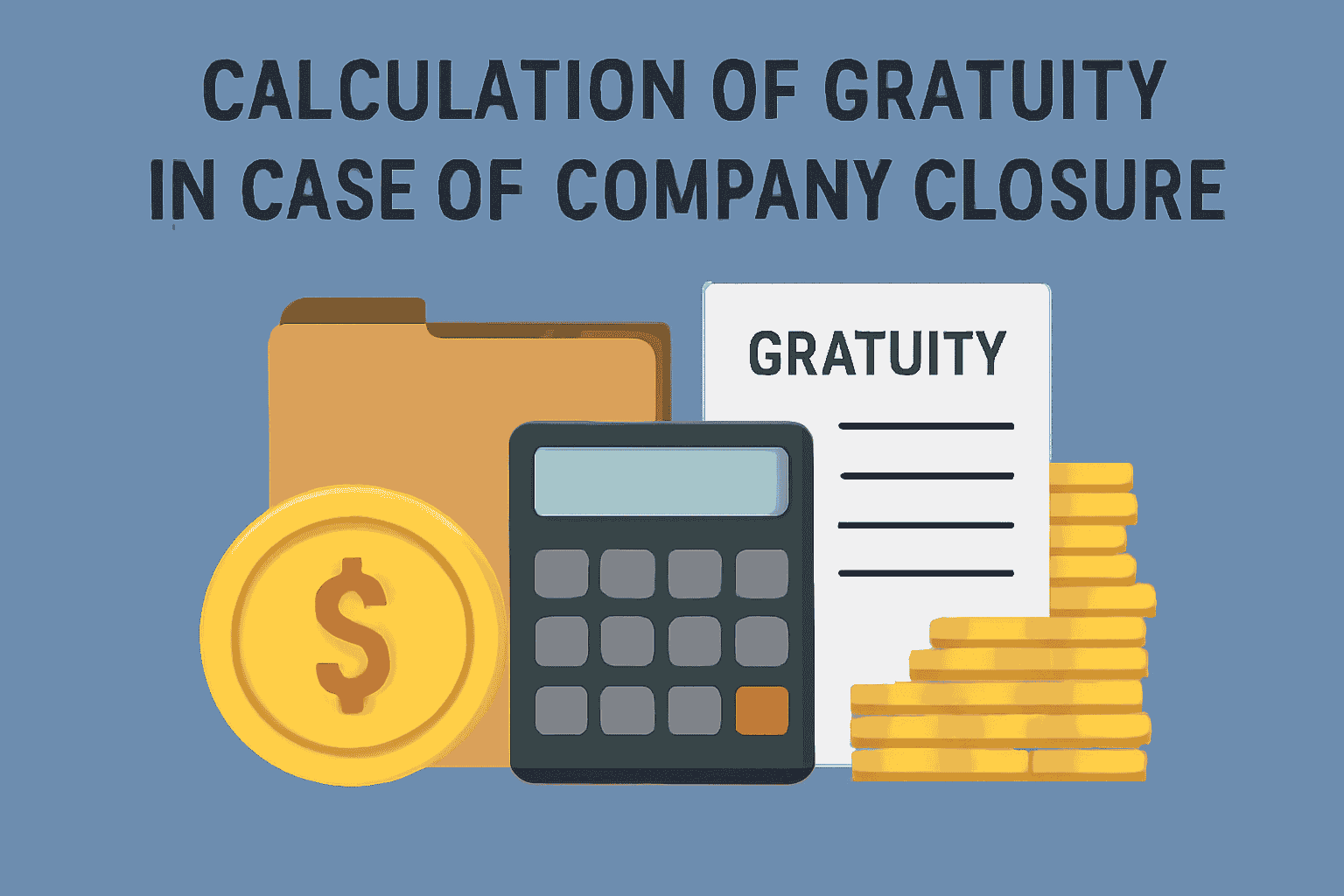 A clean, flat-design illustration showing a dollar coin, calculator, folder, and gratuity document, symbolizing the process of calculating gratuity during company closure.