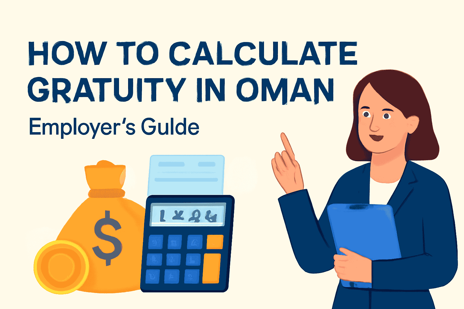 A flat-style digital illustration depicting an employer's guide to calculating gratuity in Oman. The image features a woman holding a clipboard with a calculator and money bag, emphasizing the key themes of gratuity calculation, payment, and efficiency.