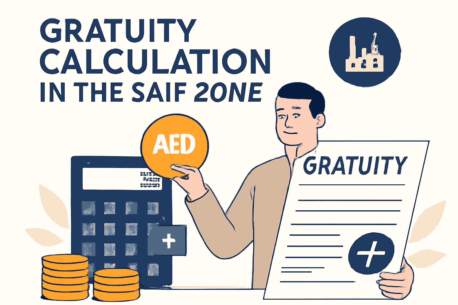 This illustration simplifies gratuity calculation in the SAIF Zone, featuring a figure holding an AED coin next to a calculator and a "GRATUITY" document. The design uses clean, minimalist tones with gold accents.
