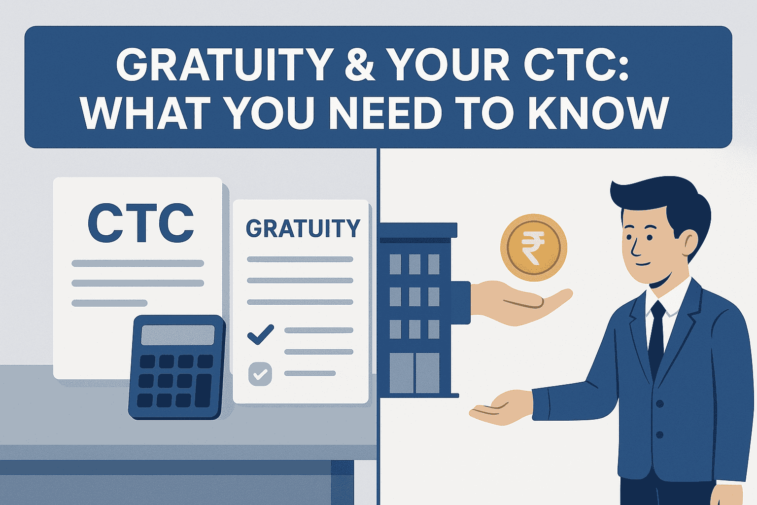 A flat design illustration showing the relationship between gratuity and Cost to Company (CTC). The left side displays salary documents labeled "CTC" and "Gratuity" with a calculator on a desk. The right side shows a business hand offering a rupee coin to a smiling employee, representing gratuity payout after years of service.