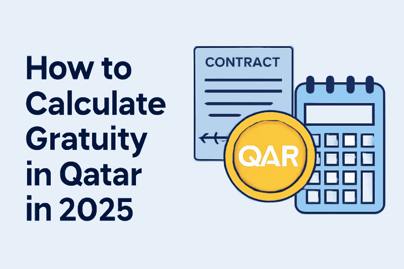 A clean, modern design illustrating the steps for calculating gratuity in Qatar, featuring a contract, QAR coin, and calculator against a blue-gray background.